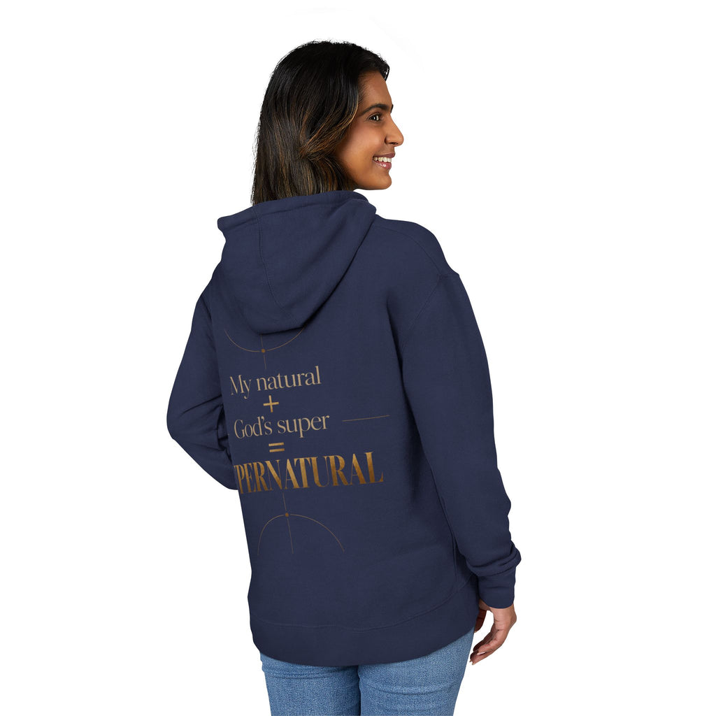 Hoodie — “My Natural + God’s Super = Supernatural” Gold-Print Christian Hoodie