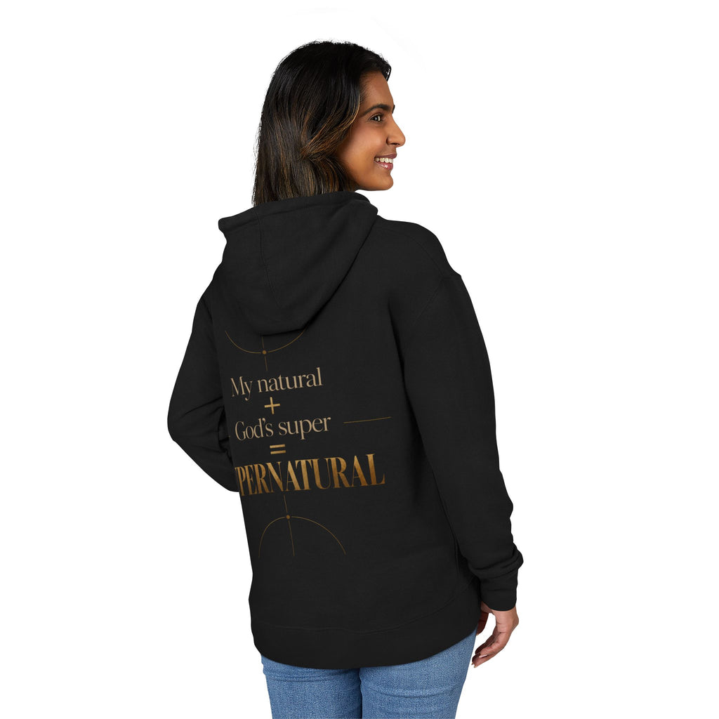 Hoodie — “My Natural + God’s Super = Supernatural” Gold-Print Christian Hoodie
