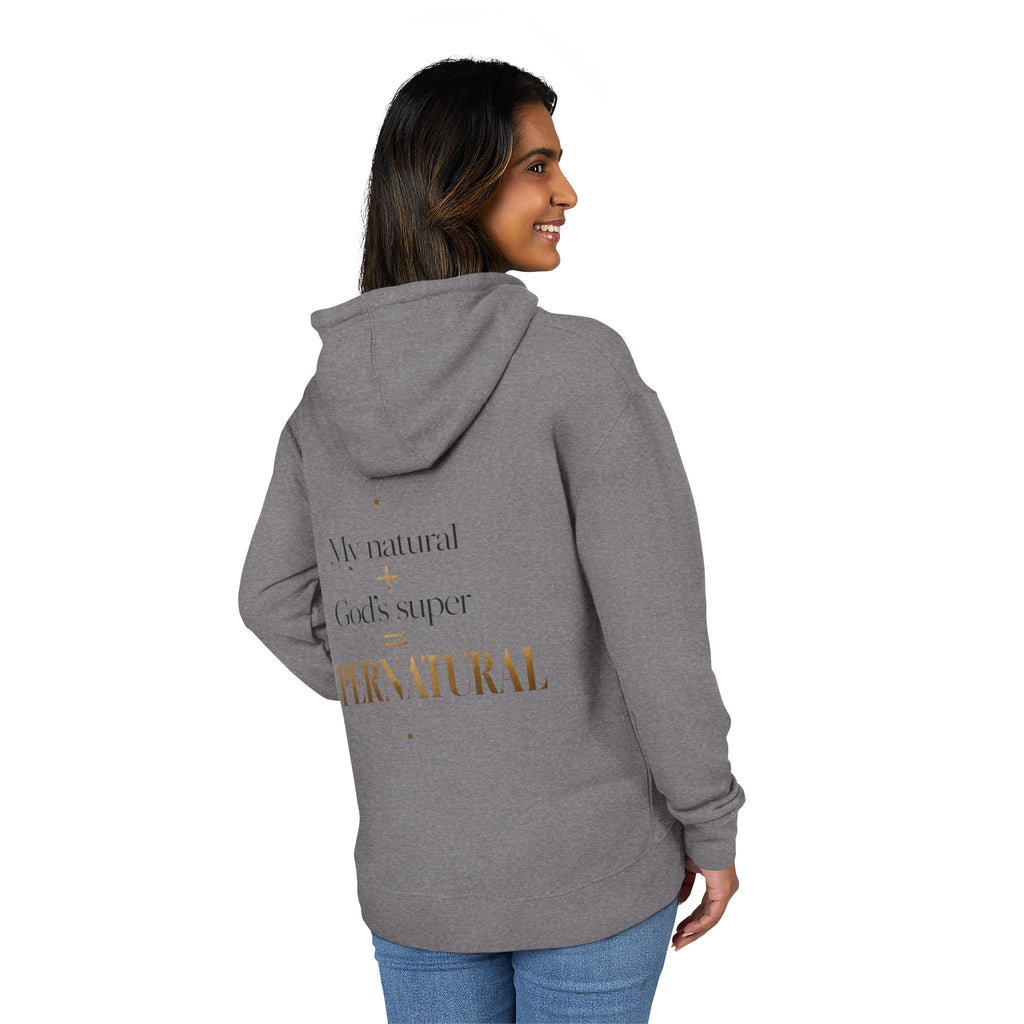Hoodie — “My Natural + God’s Super = Supernatural” Gold-Print Christian Hoodie