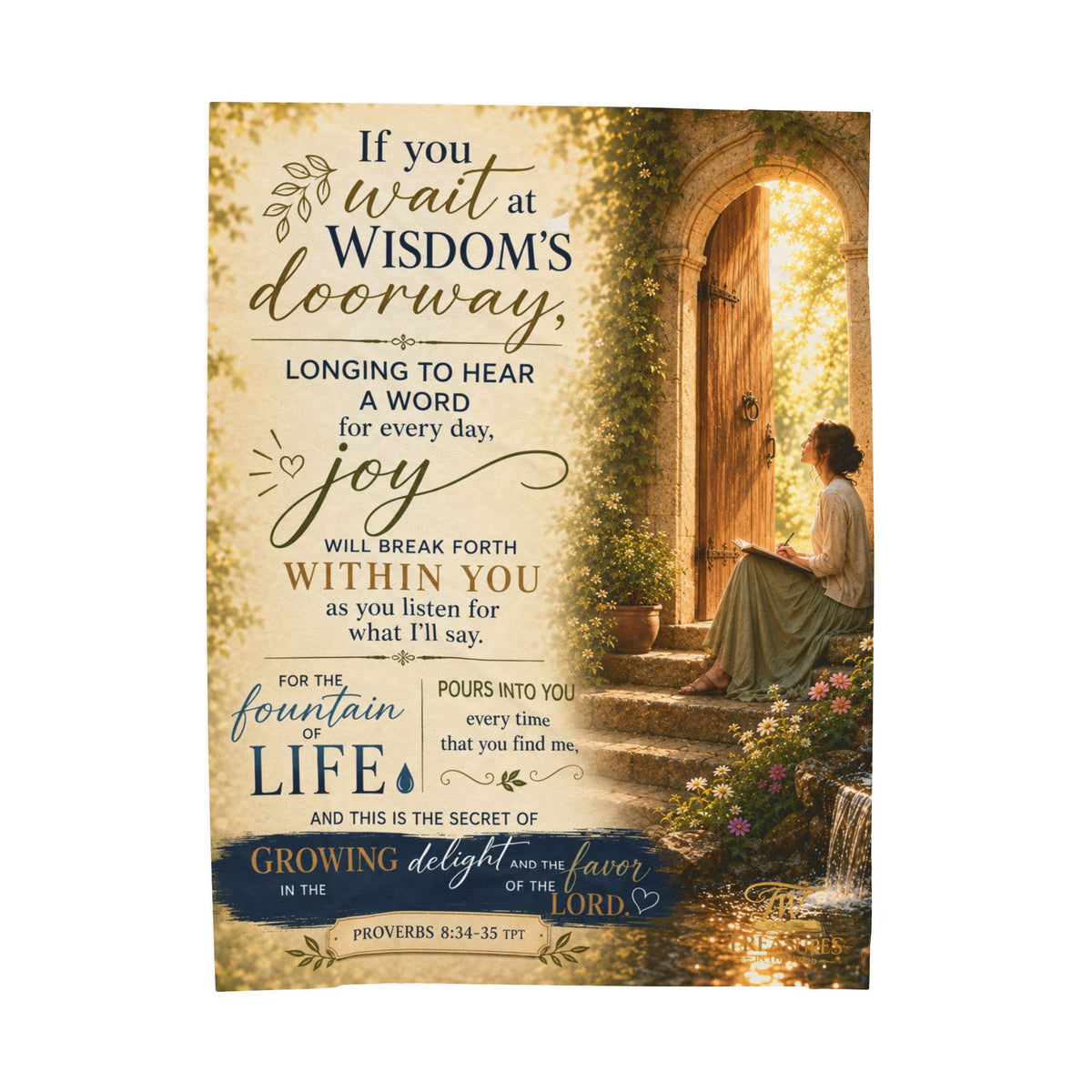 Velveteen Plush Blanket — Christian Verse Throw: "If you wait at wisdom’s doorway" Inspirational Scripture Throw