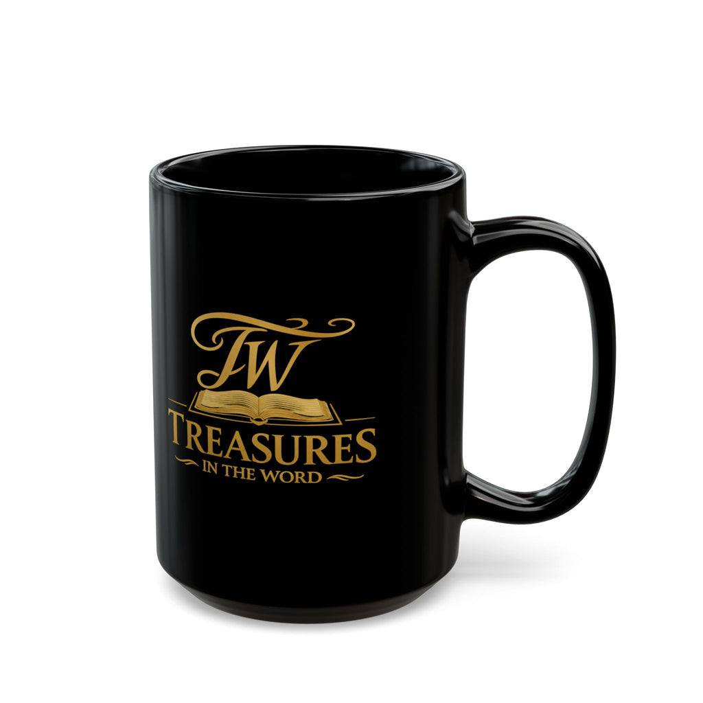 Black Ceramic Mug — "Treasures in the Word" Gold Logo (11oz & 15oz)