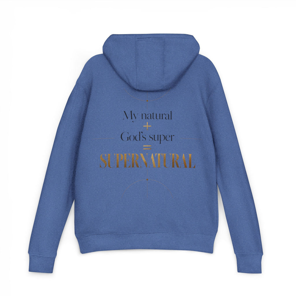 Hoodie — “My Natural + God’s Super = Supernatural” Gold-Print Christian Hoodie
