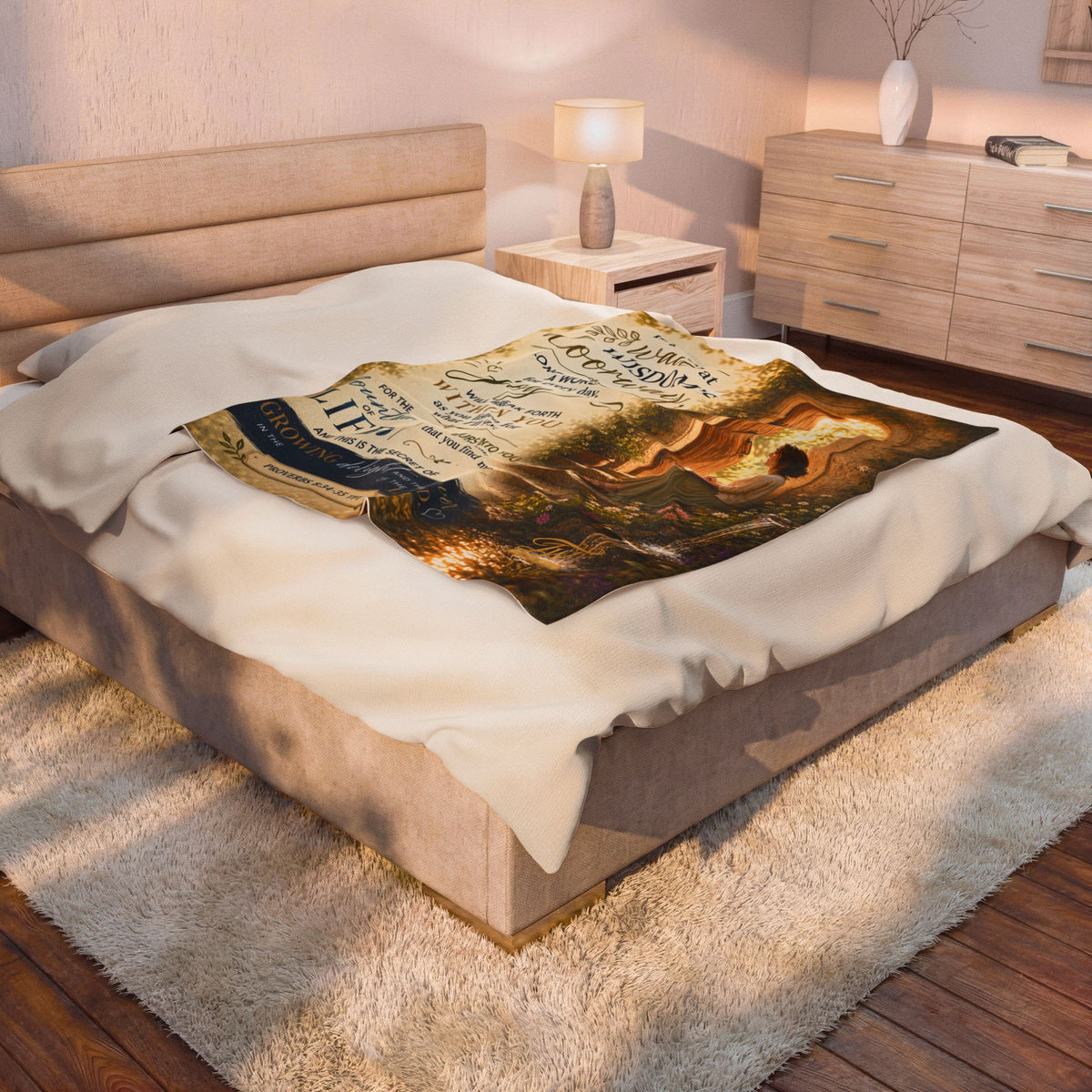 Velveteen Plush Blanket — Christian Verse Throw: "If you wait at wisdom’s doorway" Inspirational Scripture Throw