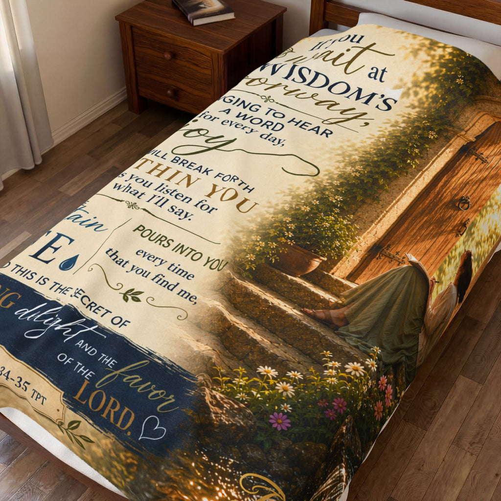 Velveteen Plush Blanket — Christian Verse Throw: "If you wait at wisdom’s doorway" Inspirational Scripture Throw