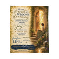 Velveteen Plush Blanket — Christian Verse Throw: "If you wait at wisdom’s doorway" Inspirational Scripture Throw