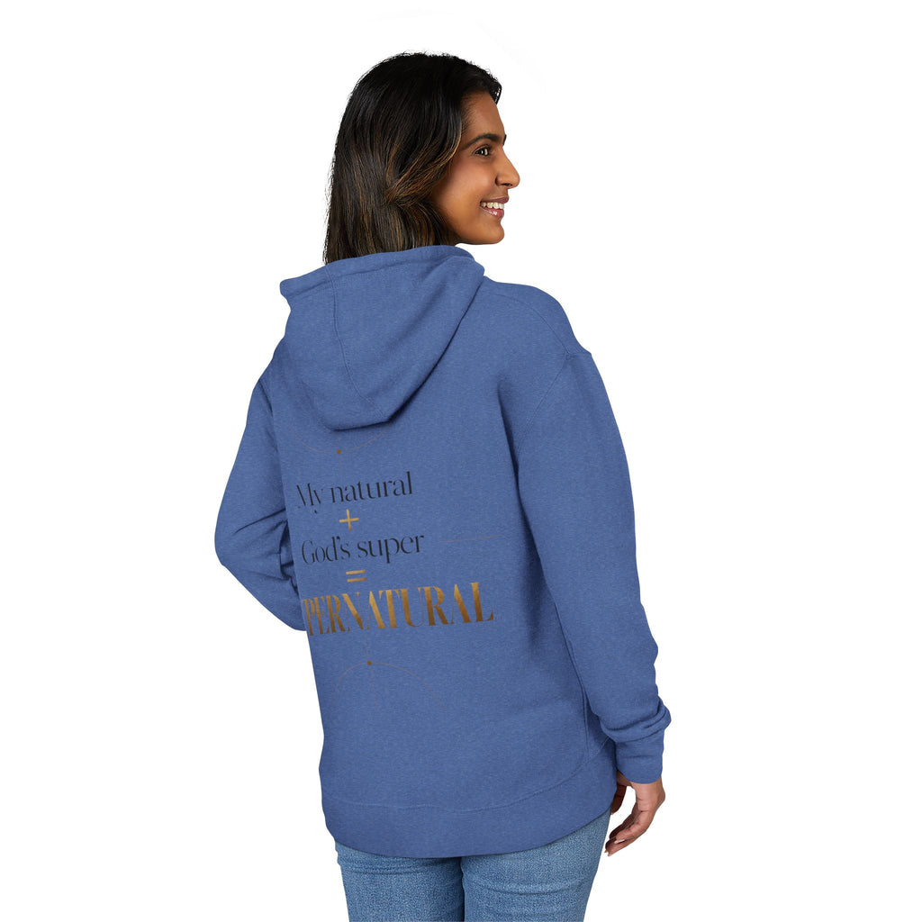 Hoodie — “My Natural + God’s Super = Supernatural” Gold-Print Christian Hoodie