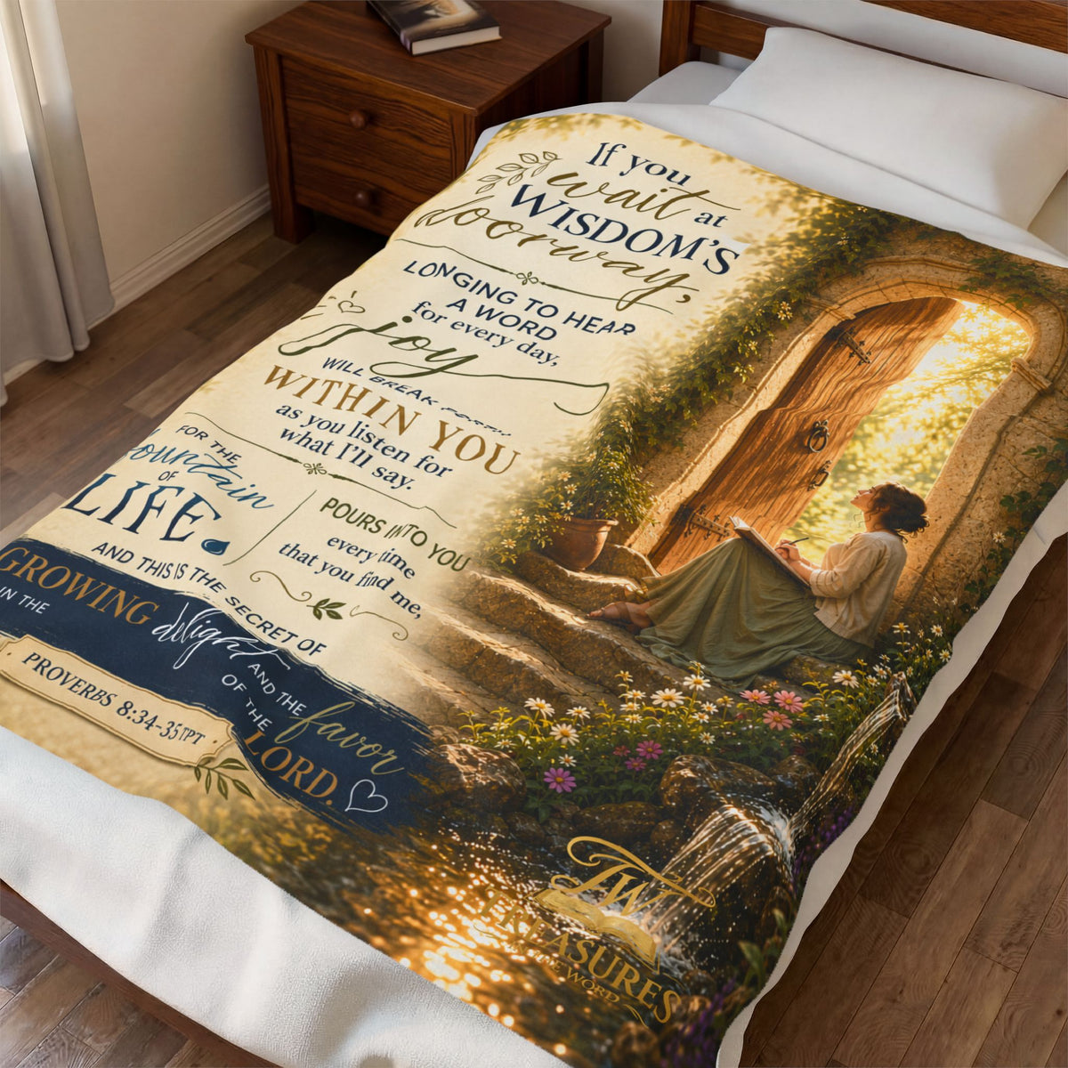 Velveteen Plush Blanket — Christian Verse Throw: "If you wait at wisdom’s doorway" Inspirational Scripture Throw