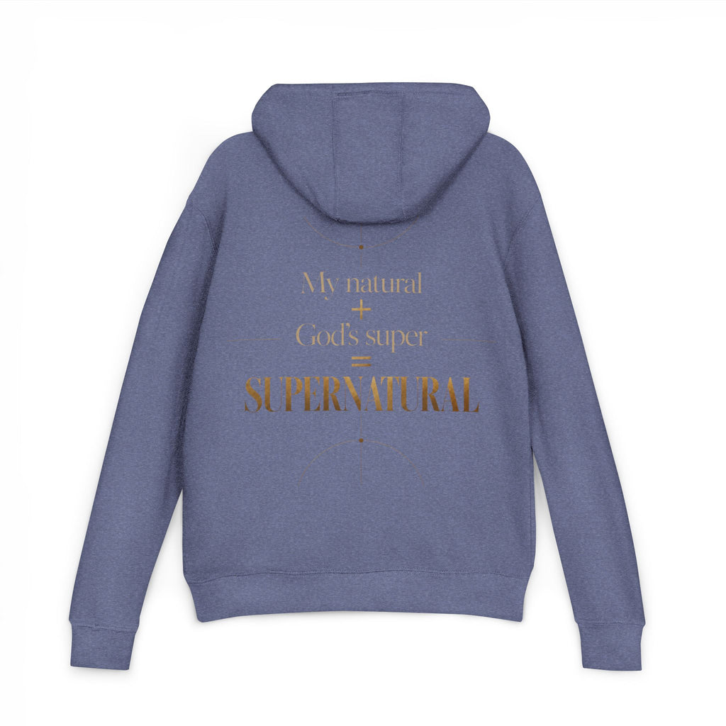Hoodie — “My Natural + God’s Super = Supernatural” Gold-Print Christian Hoodie