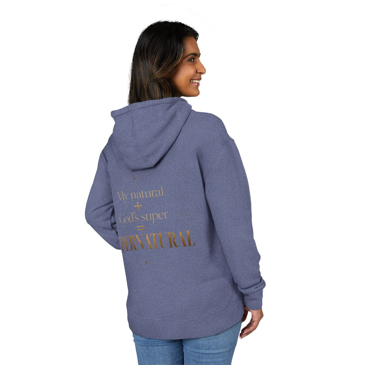 Hoodie — “My Natural + God’s Super = Supernatural” Gold-Print Christian Hoodie