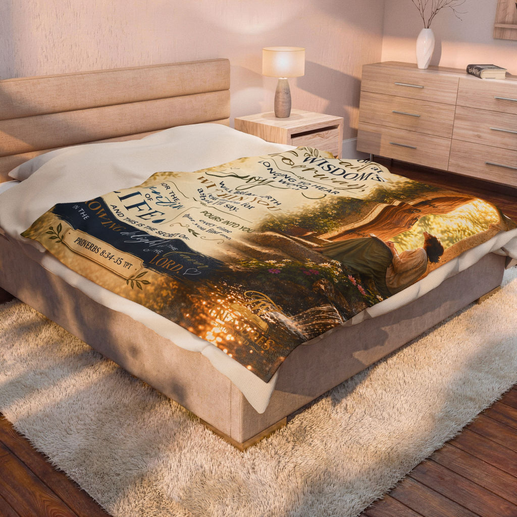 Velveteen Plush Blanket — Christian Verse Throw: "If you wait at wisdom’s doorway" Inspirational Scripture Throw